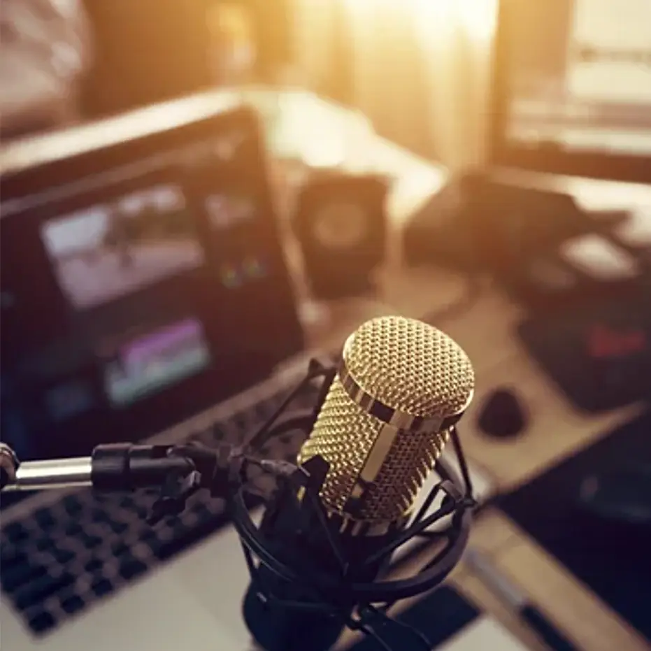 Image of a photo od a audio microphone and a monitor displaying audio mixing.