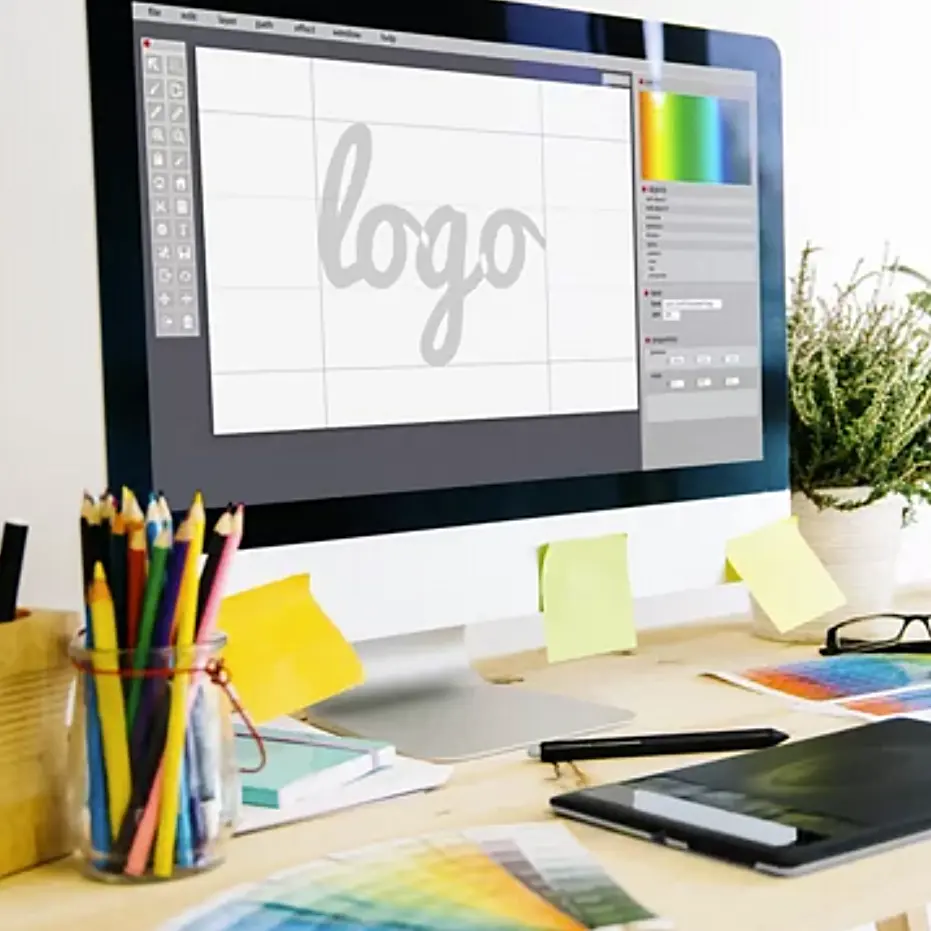 Image of a monitor showing a designer creating a logo.